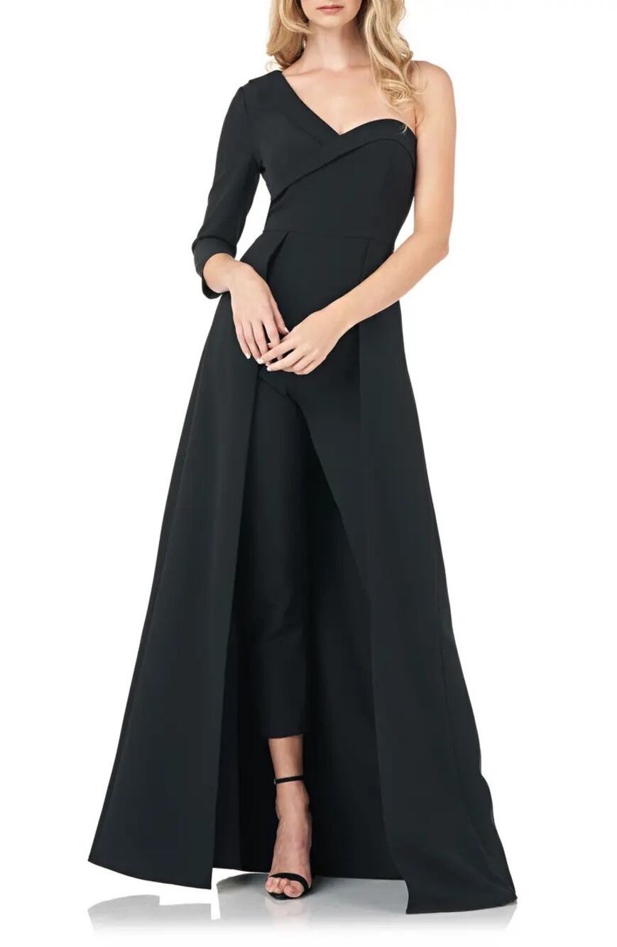 Kay Unger Black One Shoulder Stretch Crepe Maxi Formal Romper Jumpsuit Size 8